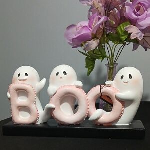Charming Pink and White Ghost BOO Figurine - Festive Home Decor NWT